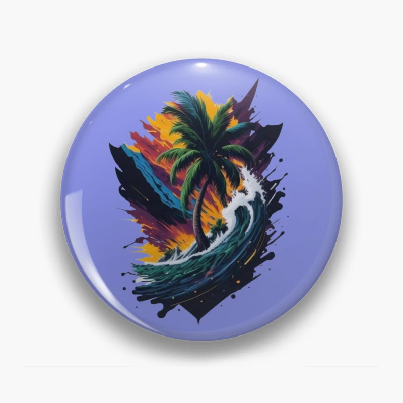 Tropical Sunset with Palm Tree and Ocean Waves Pin