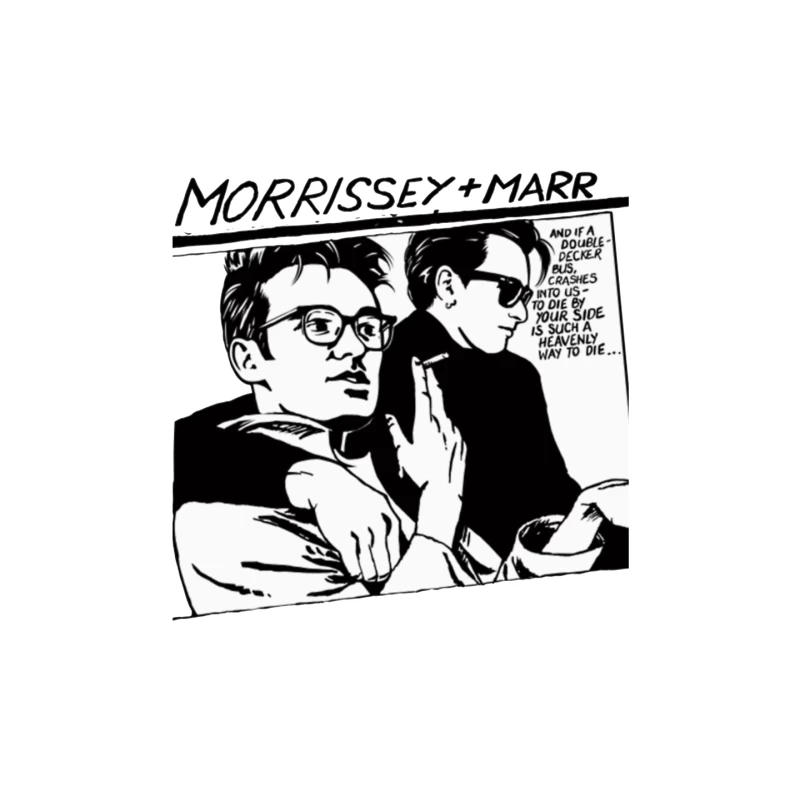 Black and White Comic Style Portrait of Morrissey and Marr with Dark Humor Quote Mouse Pad