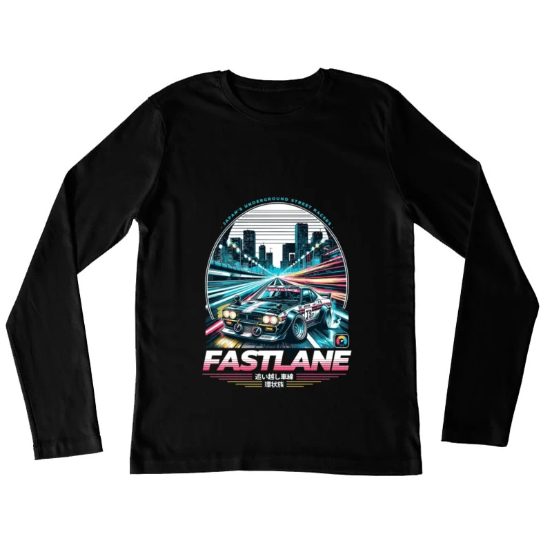 Retro Sports Car Racing Through Neon Cityscape - Synthwave Style Female Long Sleeve T-Shirt