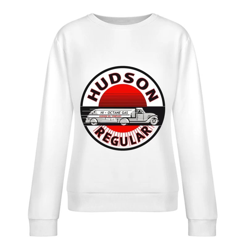 Vintage Hudson Regular Gas Station Logo with Art Deco Fuel Truck Design Female Pullover Sweatshirt