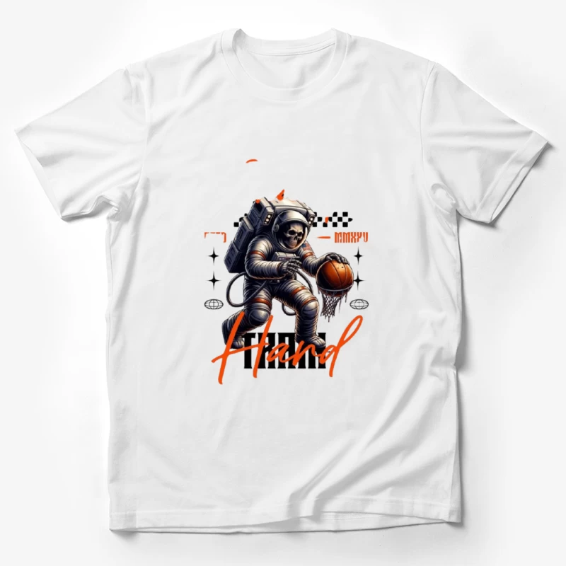 Skeleton Astronaut Playing Basketball in Space Male T-Shirt