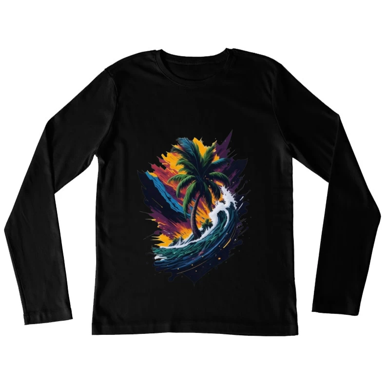 Tropical Sunset with Palm Tree and Ocean Waves Female Long Sleeve T-Shirt