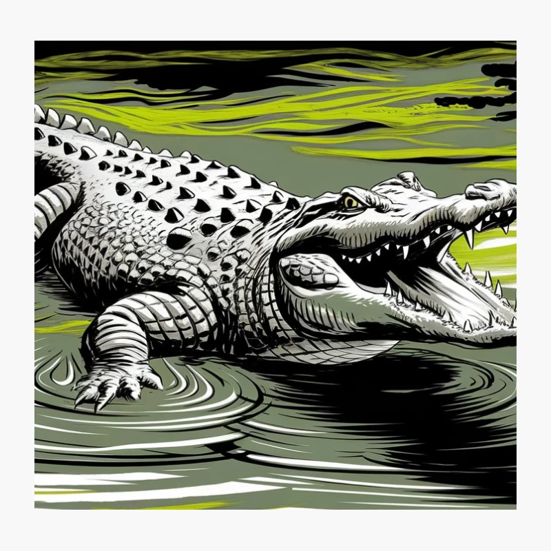 Menacing Crocodile in Swamp Illustration Throw Pillow