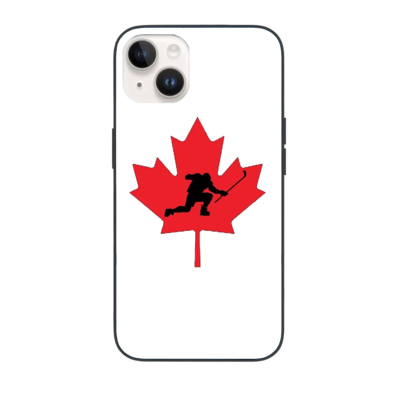 Canadian Hockey Player Silhouette on Red Maple Leaf iPhone Case