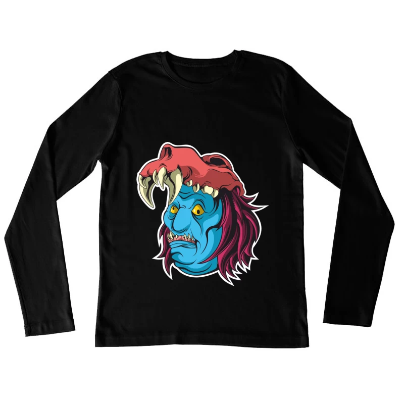 Blaues Monster mit rotem Schädelhut Damen Langarm T-Shirt