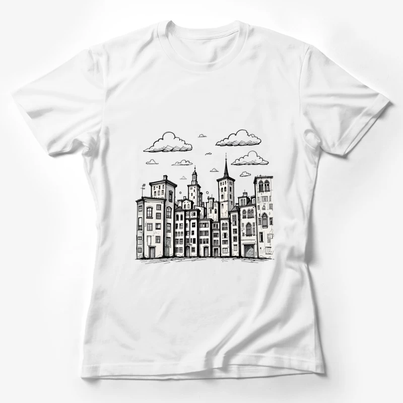 Stylized Black and White Cityscape Illustration Female T-Shirt