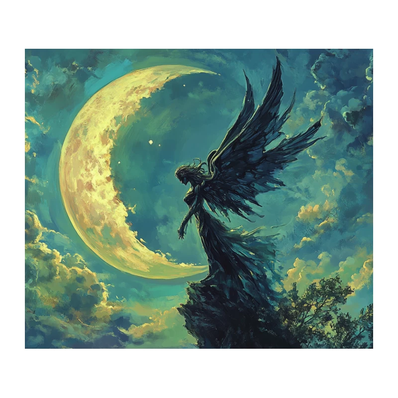 Ethereal Winged Figure Under Mystical Crescent Moon Tapestry