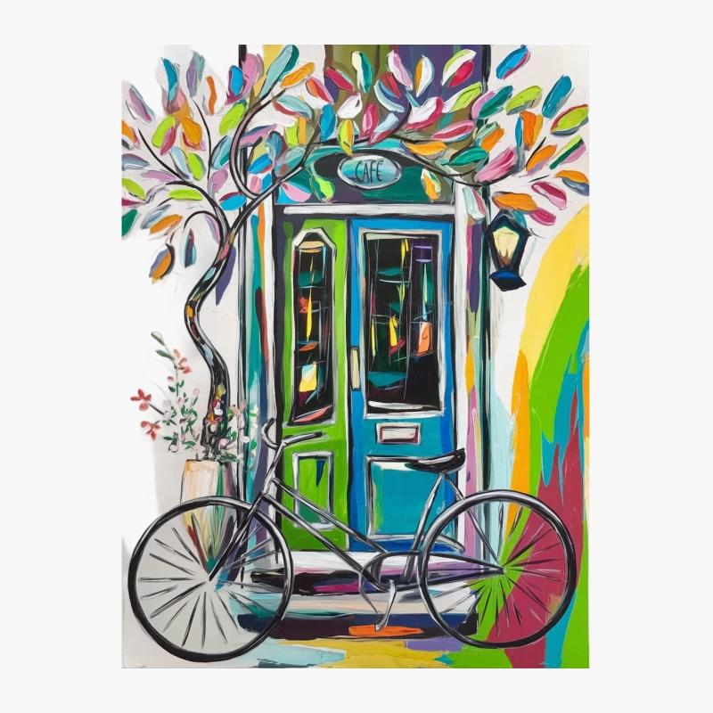 Whimsical Cafe Entrance: A Colorful Abstract Painting Cotton Tote Bag