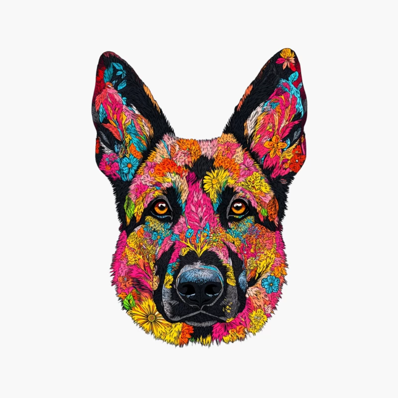 Psychedelic Floral German Shepherd Portrait Cotton Tote Bag