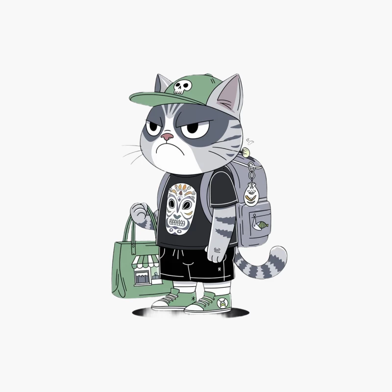 Grumpy Street Cat with Skull Streetwear and Backpack Cotton Tote Bag