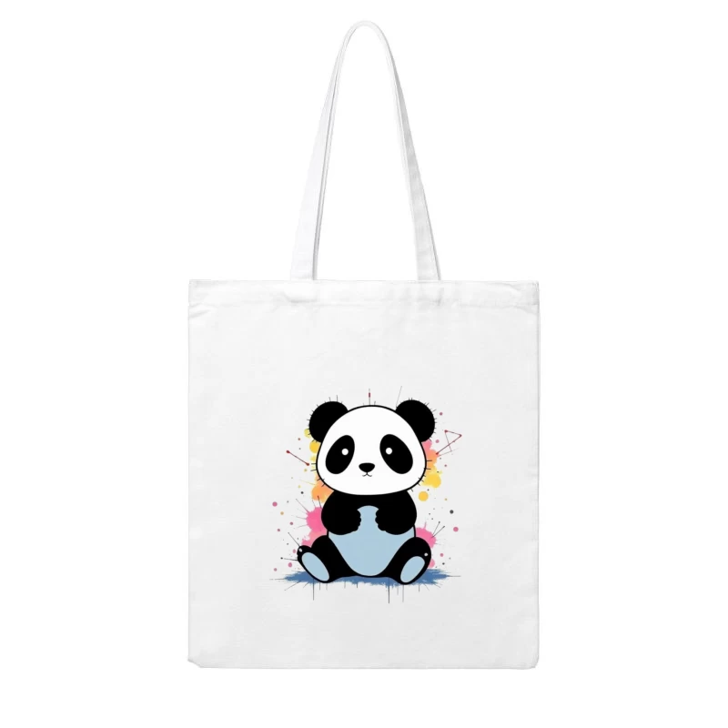 Adorable Cartoon Panda with Watercolor Splash Background Cotton Tote Bag