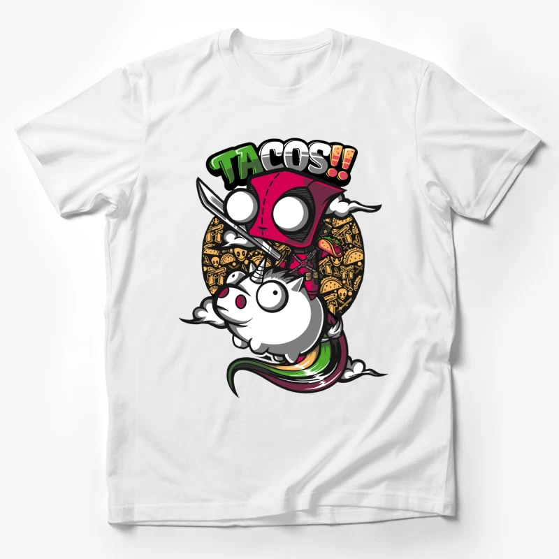 Colorful Cartoon of Tacos with a Unicorn and Knife-wielding Character Male T-Shirt