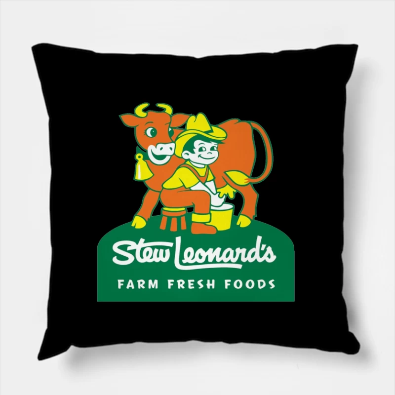 Stew Leonard's Vintage Farm Fresh Foods Logo with Cartoon Cow Throw Pillow