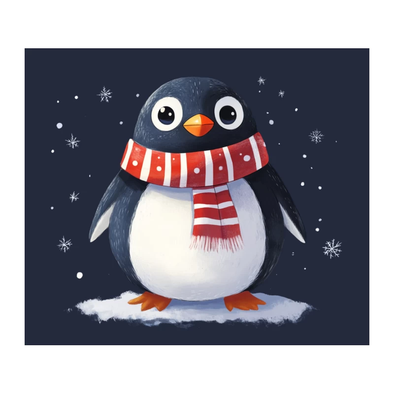Cute Cartoon Penguin Wearing Red Striped Scarf in Snow Tapestry