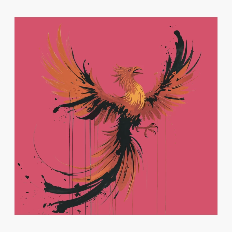 Fiery Phoenix Rising: Mythical Rebirth in Ink Splatter Art Throw Pillow
