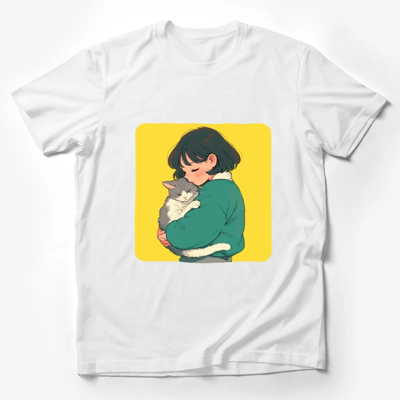 Gentle Embrace: Girl in Green Cuddling Gray Cat Male T-Shirt