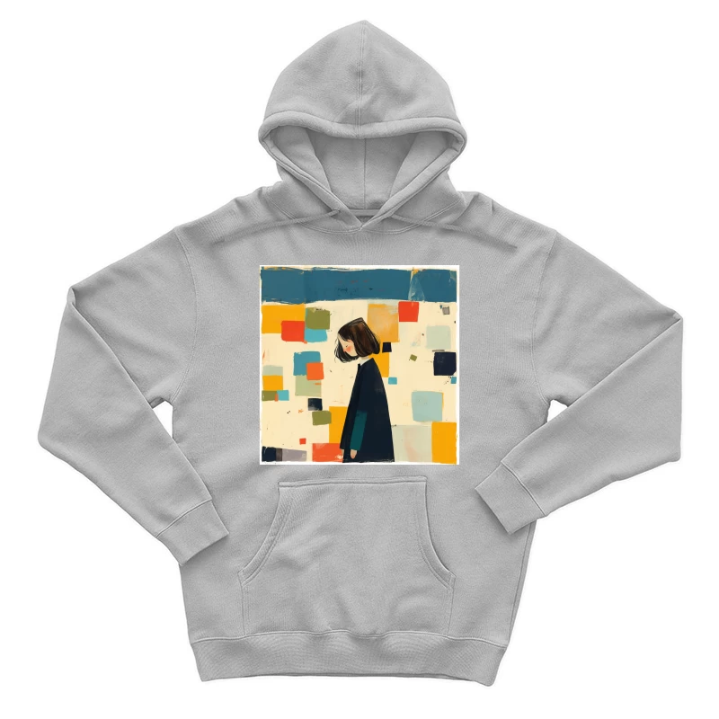 Minimalist Illustration of Figure in Black Coat Against Colorful Abstract Squares Male Pullover Hoodie