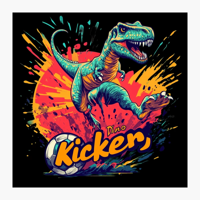 Colorful Cartoon T-Rex Kicking Soccer Ball Splash Illustration Pin