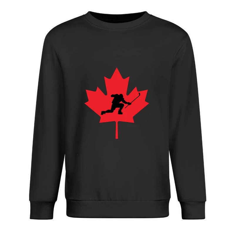 Canadian Hockey Player Silhouette on Red Maple Leaf Male Pullover Sweatshirt