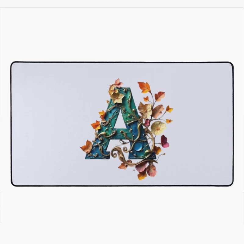 Ornate Teal Letter A with Autumn Floral Embellishments Desk Mat