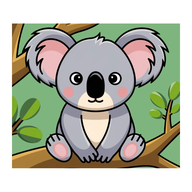 Cute Cartoon Koala on Tree Branch with Eucalyptus Leaves Tapestry