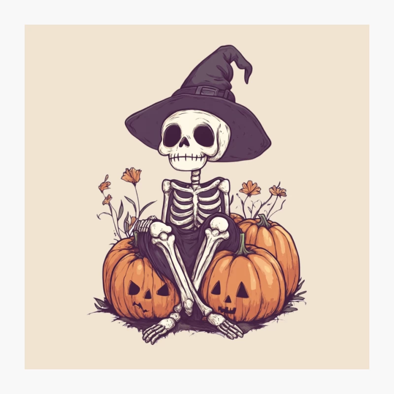 Whimsical Halloween Skeleton with Witch Hat and Pumpkins Pin