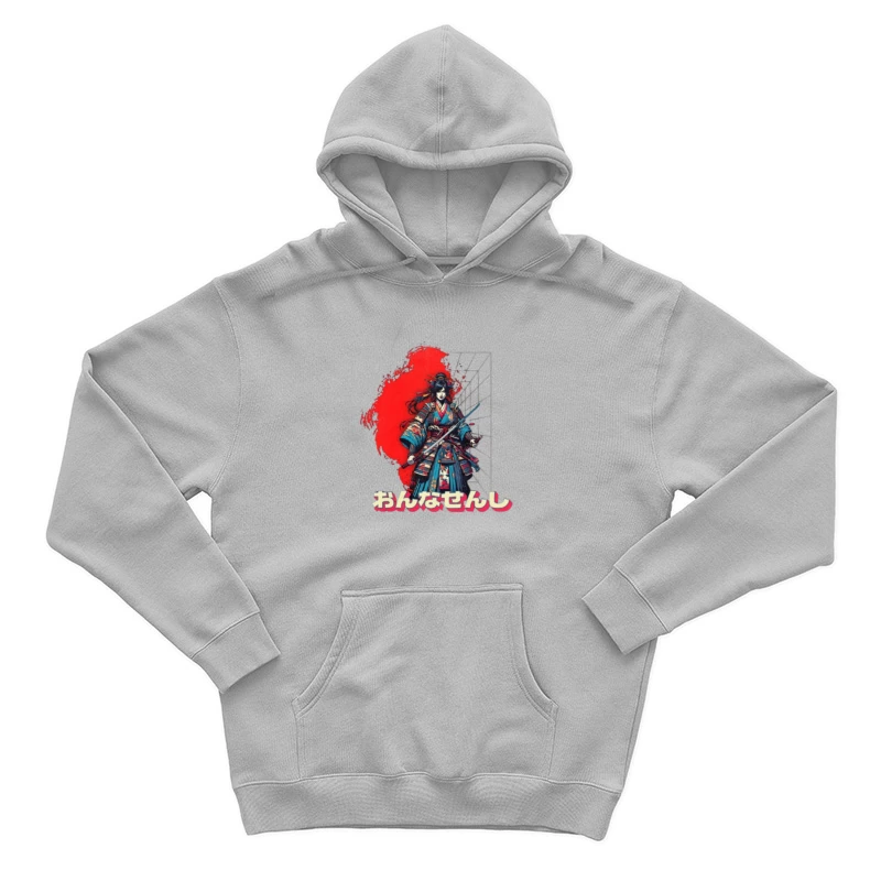 Warrior in Traditional Japanese Kimono with Katana Against Red Sun Male Pullover Hoodie