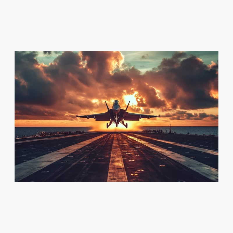 Fighter Jet Taking Off from Aircraft Carrier at Dramatic Sunset Travel Mug