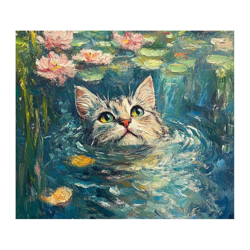 Whimsical Cat in Monet's Water Lily Pond Tapestry