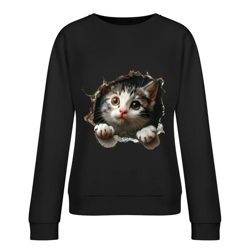 Kätzchen schaut durch Loch in Papier Damen Pullover Sweatshirt