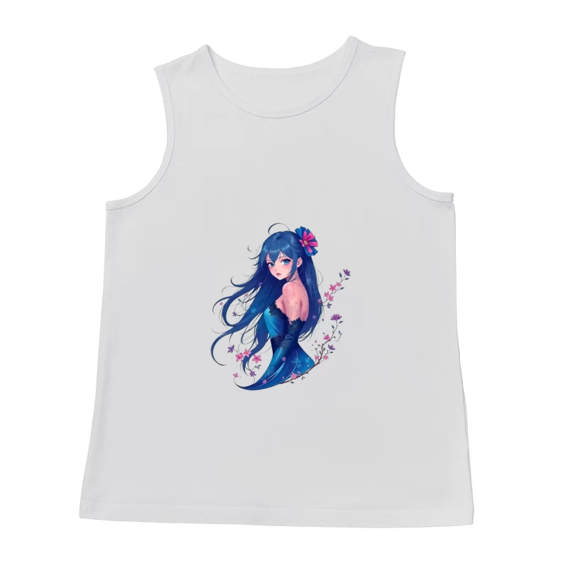 Elegant Anime Girl with Blue Hair and Floral Accents in Evening Dress Male Tank Top