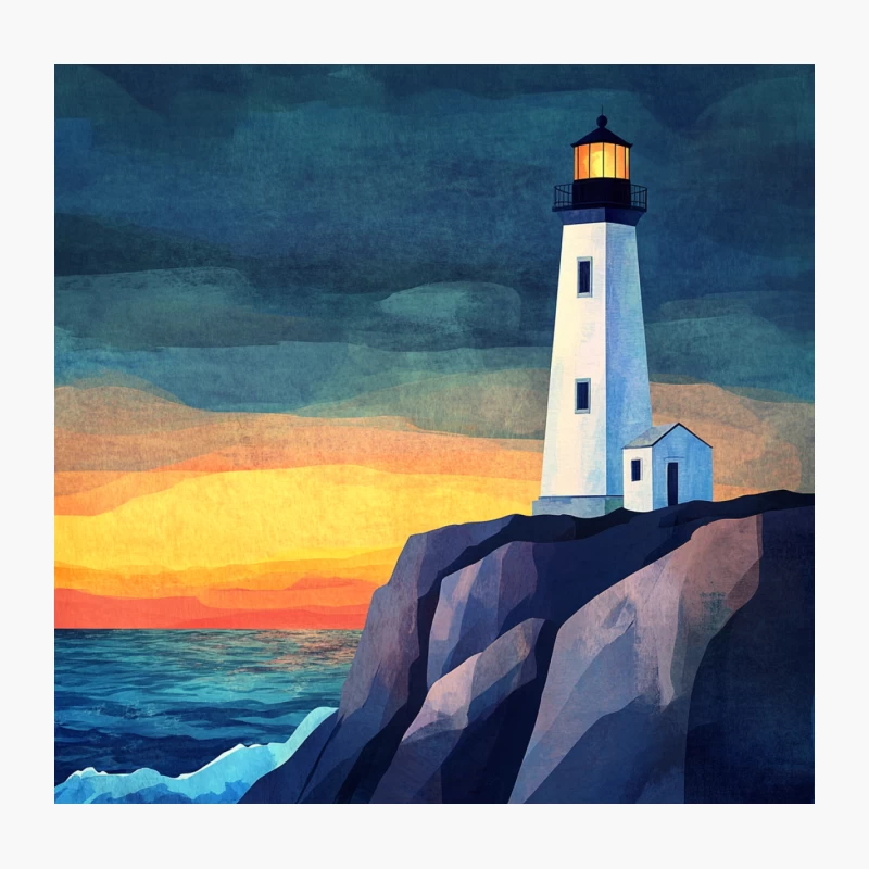 Dramatic Lighthouse Sunset: Coastal Seascape Painting Throw Pillow