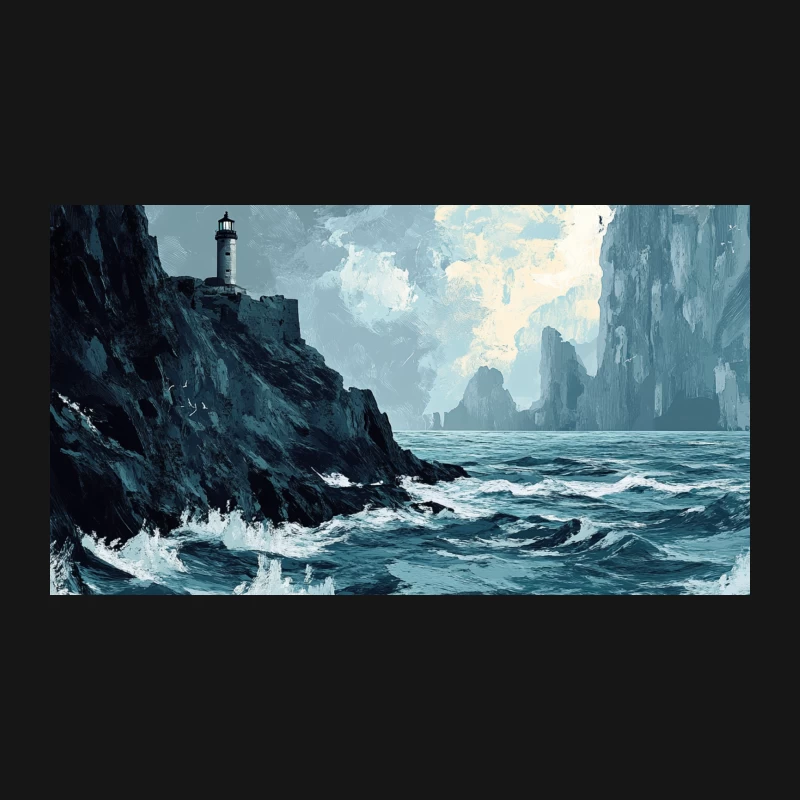 Dramatic Lighthouse on Rocky Coast in Stormy Sea Desk Mat