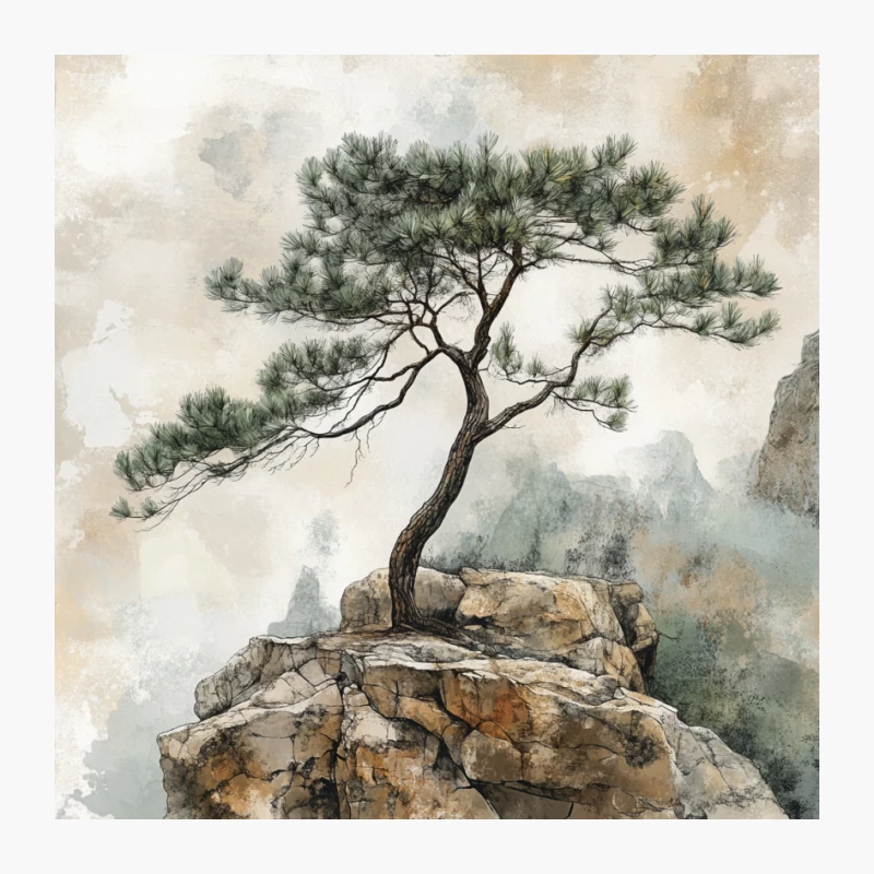 Solitary Pine on Misty Mountain Cliff: Tranquil Asian Watercolor Landscape Pin