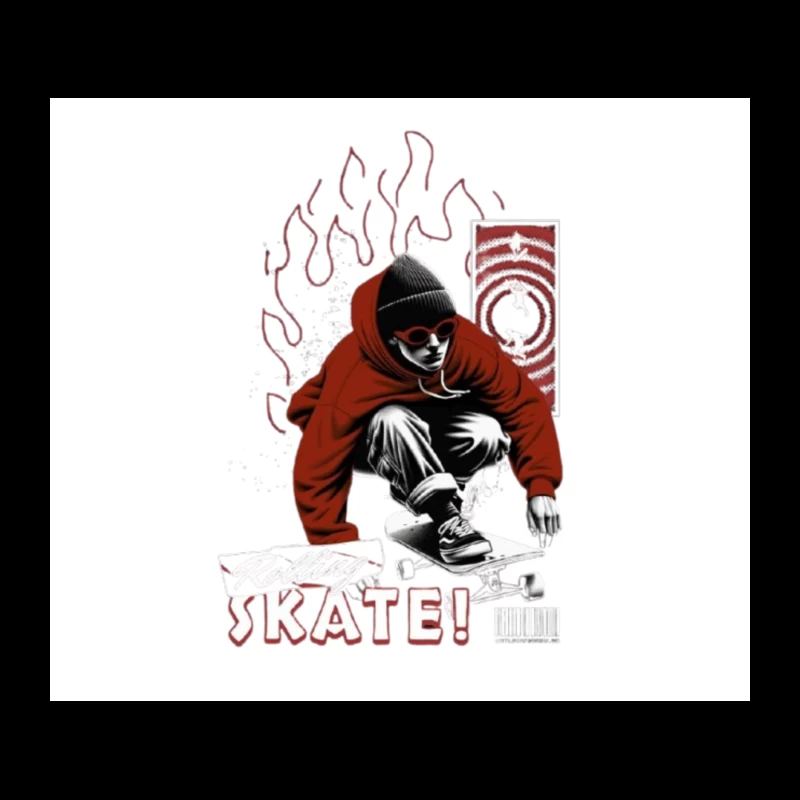 Urban Skateboarder in Red Hoodie - Street Art Style Tapestry