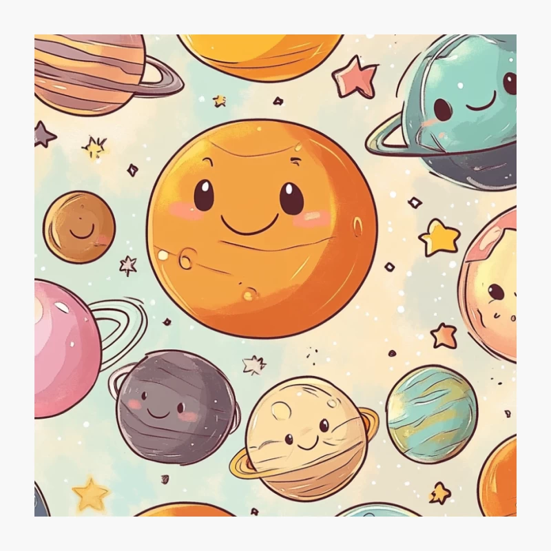 Cute Kawaii Planets and Stars in Solar System Illustration Pin