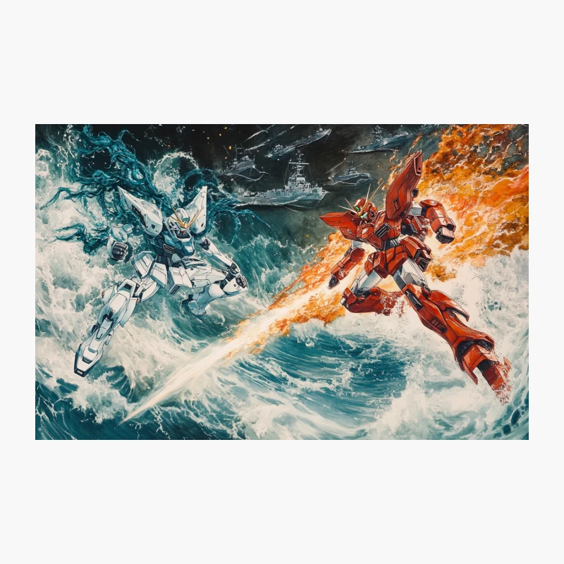 Epic Mecha Battle: Fire and Ice Clash in Stormy Seas Travel Mug