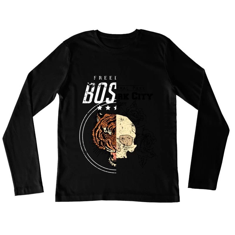 Tigre mi-face crâne avec texte BOS Femme Manches Longues T-Shirt