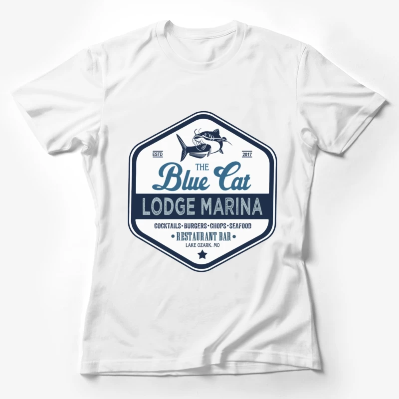 The Blue Cat Lodge Marina Restaurant and Bar - Vintage Nautical Logo Design Female T-Shirt