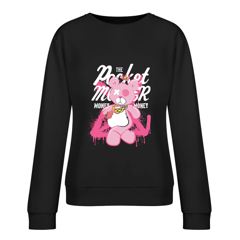 Playful Pink Bear with Graffiti Style and Crown Female Pullover Sweatshirt