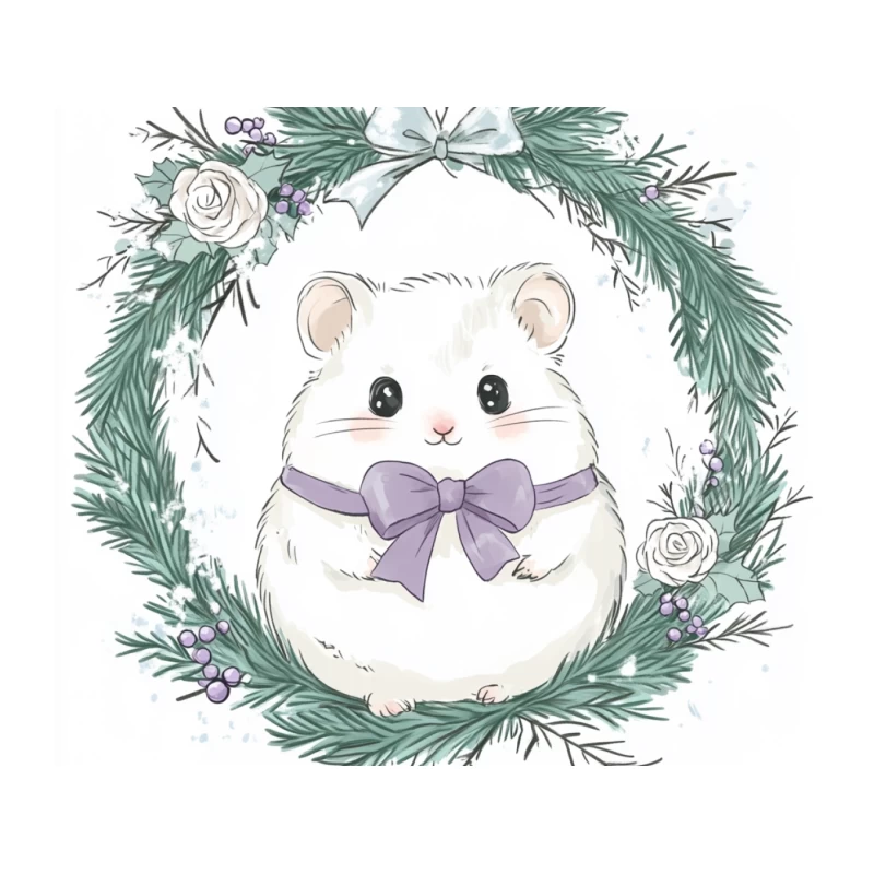Cute Watercolor Hamster in Christmas Wreath with Purple Bow Tapestry