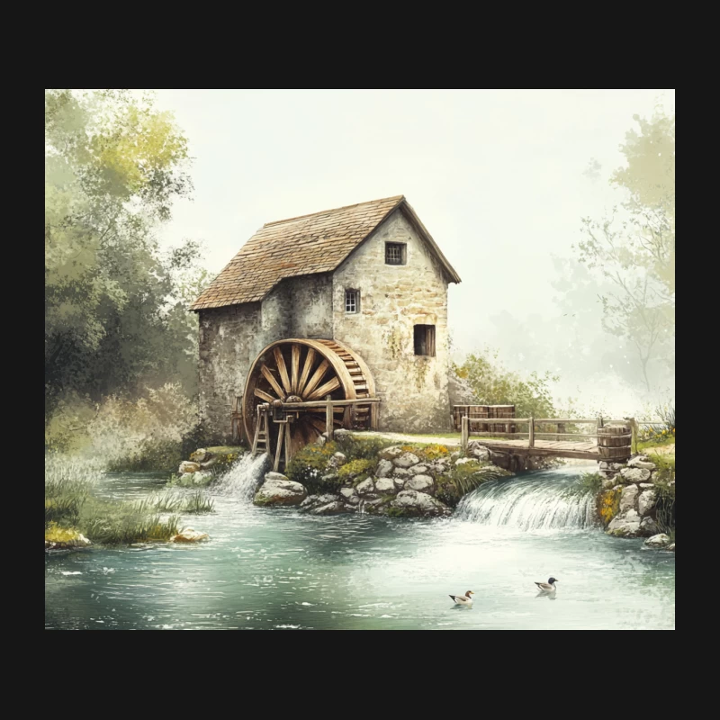 Rustic Watermill by the River: A Serene Rural Landscape Mouse Pad