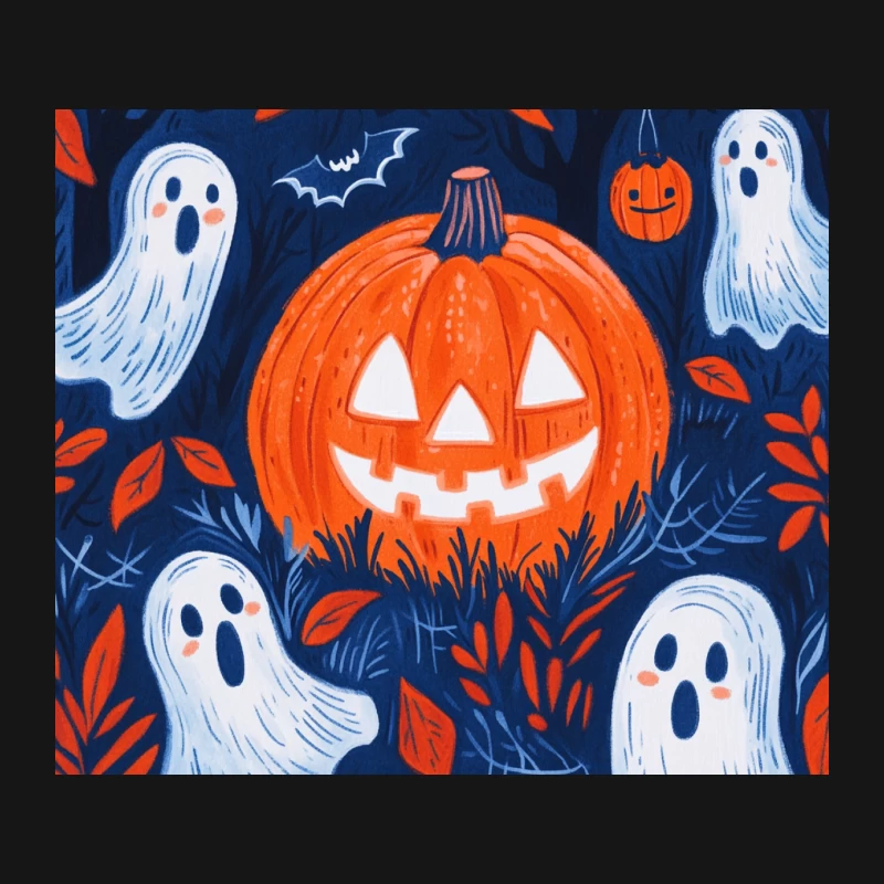 Spooky Halloween Illustration with Pumpkin and Ghosts Mouse Pad