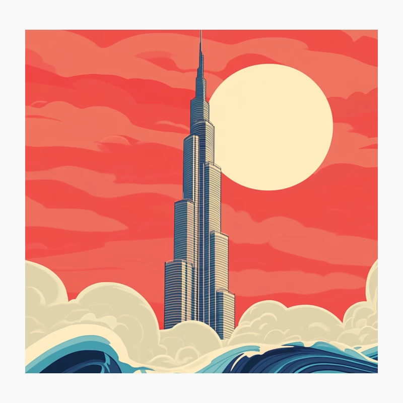 Iconic Burj Khalifa Towering Over Stylized Waves at Sunset Throw Pillow