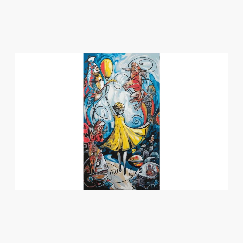 Whimsical Surrealist Scene with Yellow-Dressed Figure and Abstract Shapes Travel Mug