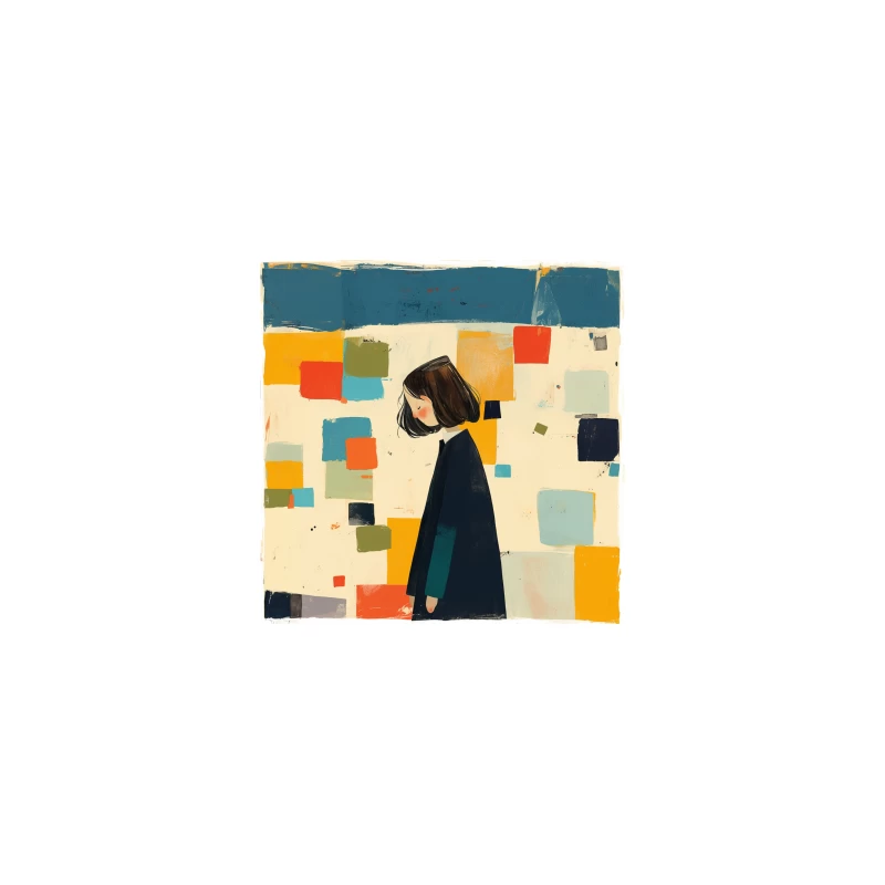 Minimalist Illustration of Figure in Black Coat Against Colorful Abstract Squares Coffee Mug