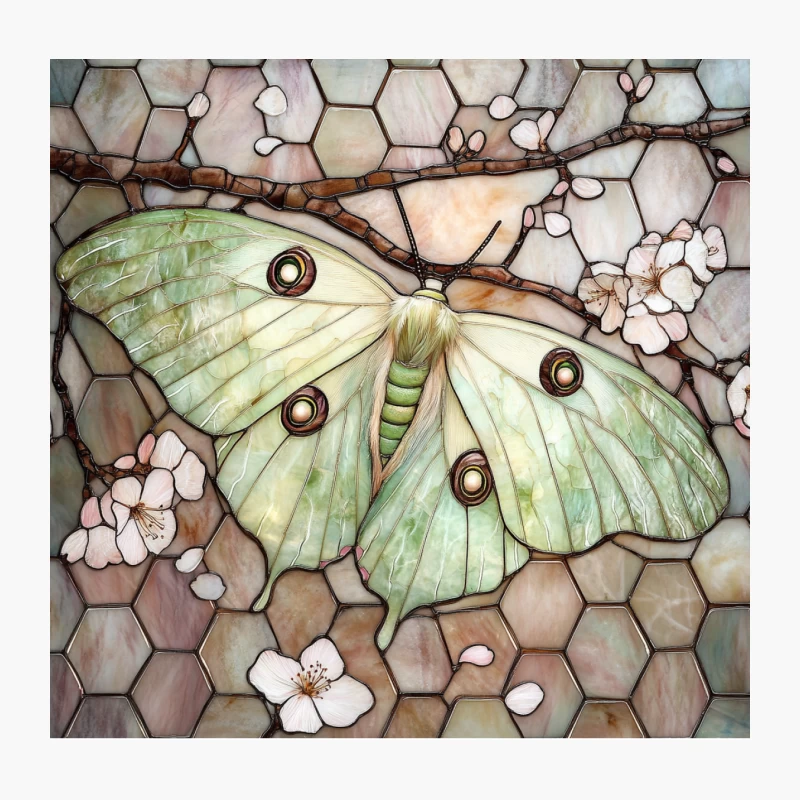 Luna Moth with Cherry Blossoms in Stained Glass Mosaic Throw Pillow