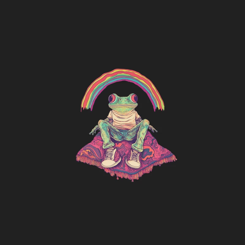 Whimsical Anthropomorphic Frog Under Psychedelic Rainbow Bucket Hat