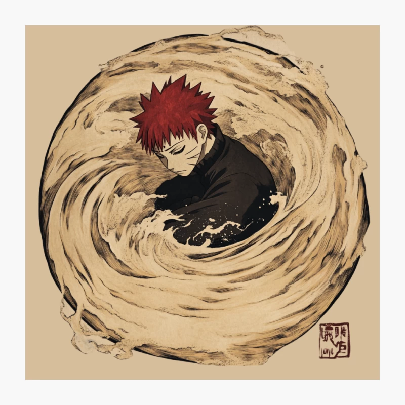 Artistic Depiction of Gaara from Naruto Surrounded by Swirling Sand Pin