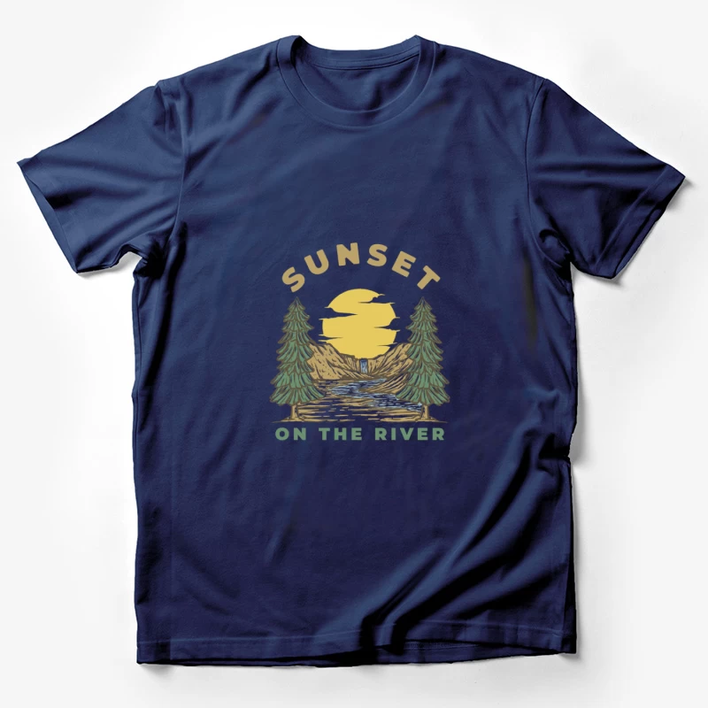 Sonnenuntergang am Fluss mit Wasserfall Herren T-Shirt